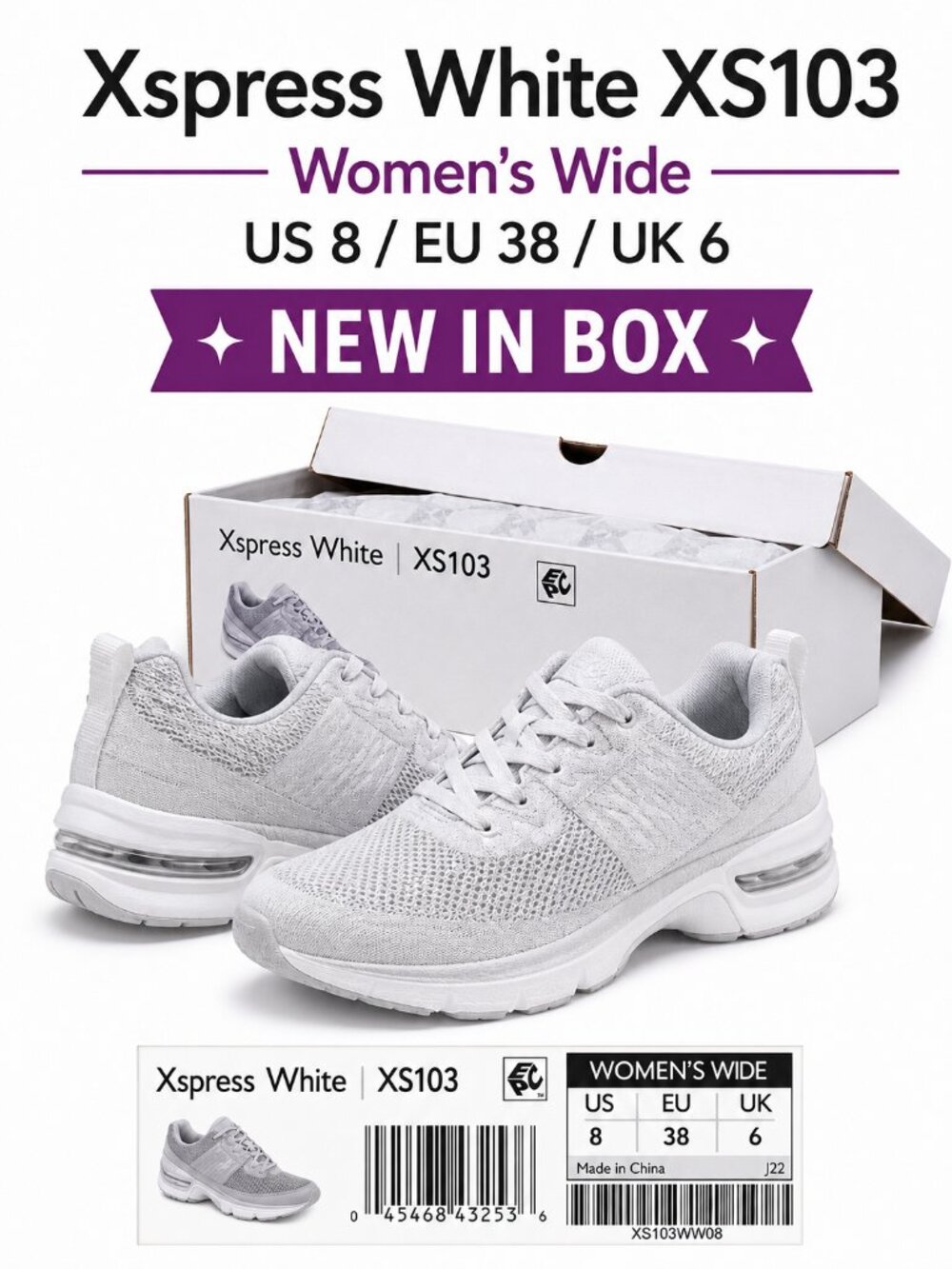 Aetrex XS103 Women’s Size 8 Wide White Arch Support Sneakers New in Box